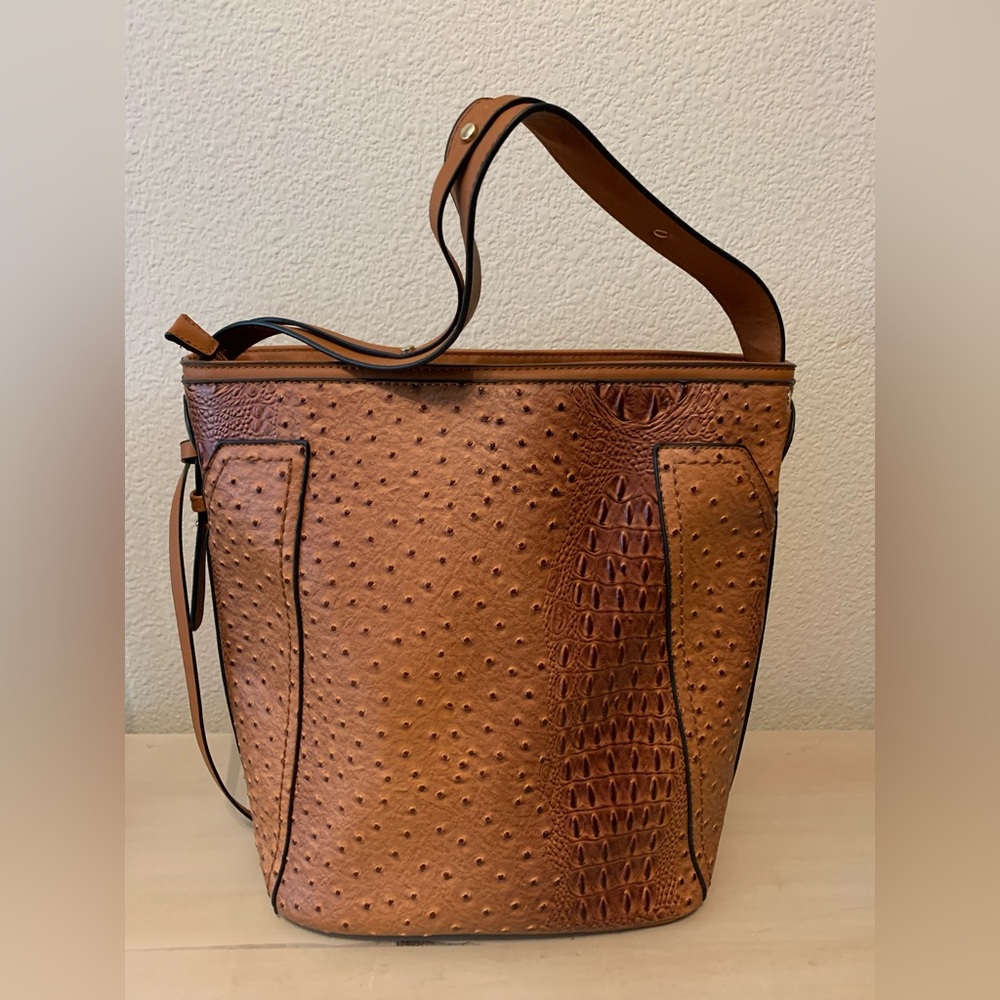 Elegant Tan Faux Ostrich Embossed Tote Bag
